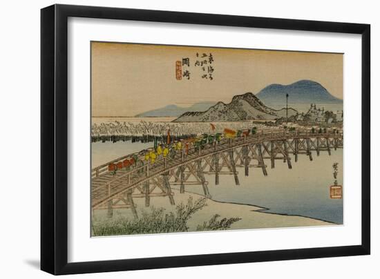 A Procession of a Daimyo Cross the Bridge over the Yahagi River in the Direction of Okazaki-Utagawa Hiroshige-Framed Art Print