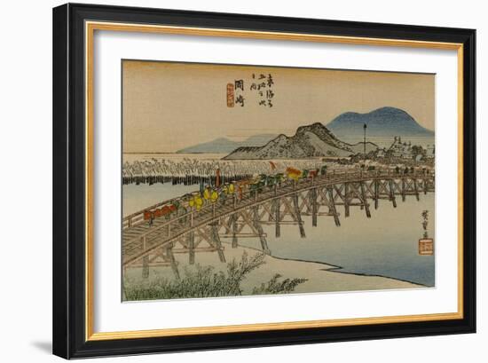 A Procession of a Daimyo Cross the Bridge over the Yahagi River in the Direction of Okazaki-Utagawa Hiroshige-Framed Art Print