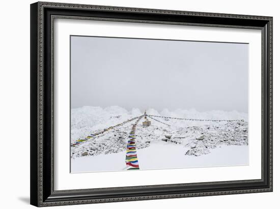 A puja adorned with prayer flags on Khumbu glacier, Everest Base Camp, Khumbu, Nepal, Himalayas-Alex Treadway-Framed Photographic Print