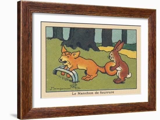 A Rabbit Makes a Muff out of the Fox's Tail Caught in a Trap.” the Fur Cuff” ,1936 (Illustration)-Benjamin Rabier-Framed Giclee Print