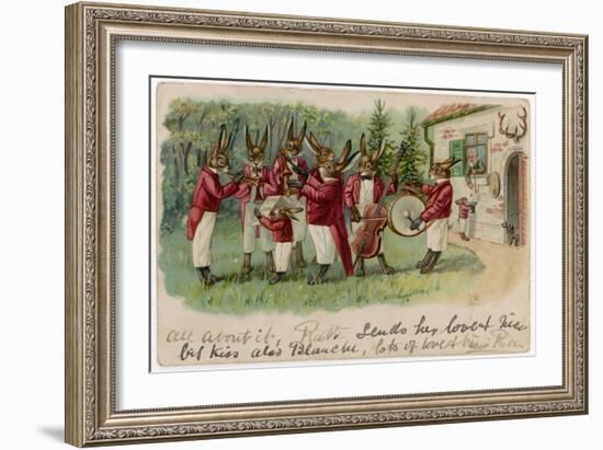 A Rabbits' Musical Ensemble Serenade a Human in His House-null-Framed Art Print