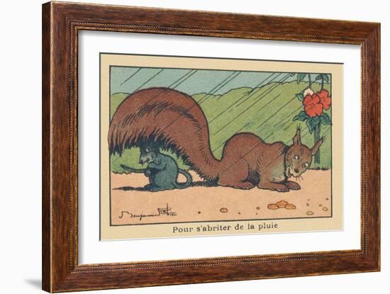 A Rat Takes Shelter under the Tail of a Squirrel.” for Shelter from the Rain” ,1936 (Illustration)-Benjamin Rabier-Framed Giclee Print