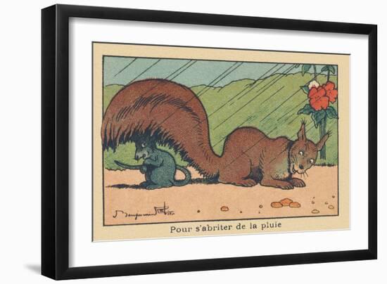 A Rat Takes Shelter under the Tail of a Squirrel.” for Shelter from the Rain” ,1936 (Illustration)-Benjamin Rabier-Framed Giclee Print