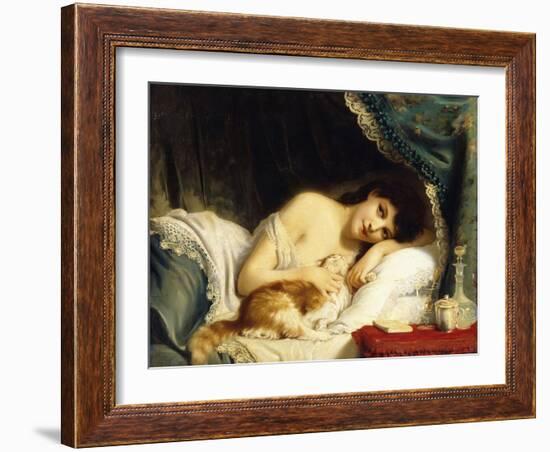 A Reclining Beauty with Her Cat-Fritz Zuber-Buhler-Framed Giclee Print