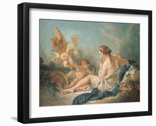 A Reclining Nymph Playing the Flute with Putti, Perhaps the Muse Euterpe, 1752-Francois Boucher-Framed Giclee Print