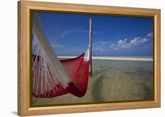 A Red Hammock Spread Out by the Wind Swings Above the Water During Low Tide, Hobox Island, Mexico-Karine Aigner-Framed Premier Image Canvas