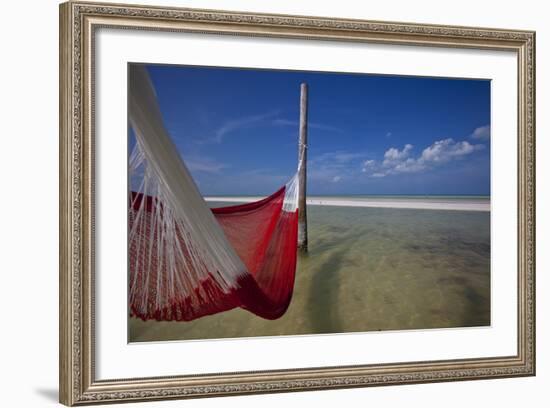 A Red Hammock Spread Out by the Wind Swings Above the Water During Low Tide, Hobox Island, Mexico-Karine Aigner-Framed Photographic Print