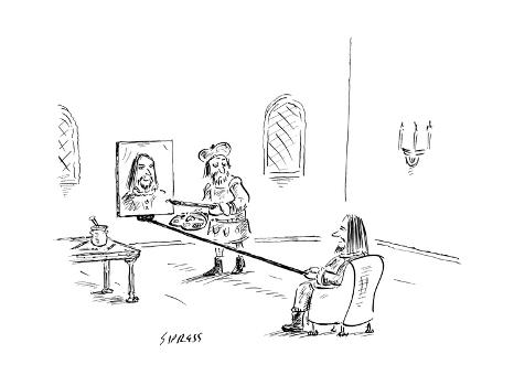 A Renaissance noble holds out a canvas on a long rod, as an artist paints ? - New Yorker Cartoon' Premium Giclee Print A Renaissance noble holds out a canvas on a long rod, as an artist paints ? - New Yorker Cartoon' Premium Giclee Print