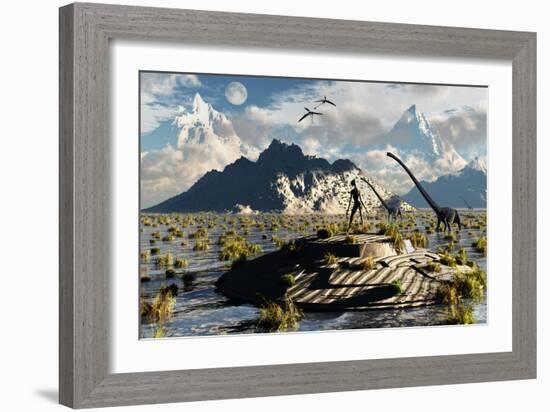 A Reptoid Atop an Abandoned Ufo Watching a Herd of Dinosaurs-Stocktrek Images-Framed Art Print