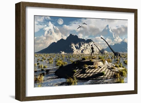 A Reptoid Atop an Abandoned Ufo Watching a Herd of Dinosaurs-Stocktrek Images-Framed Art Print