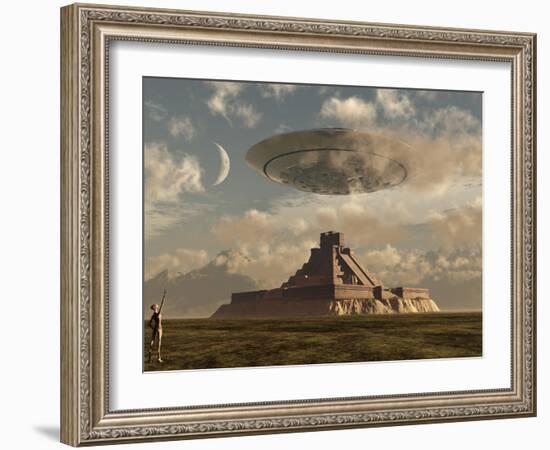 A Reptoid Greets an Incoming Flying Saucer Above a Pyramid.-Stocktrek Images-Framed Photographic Print