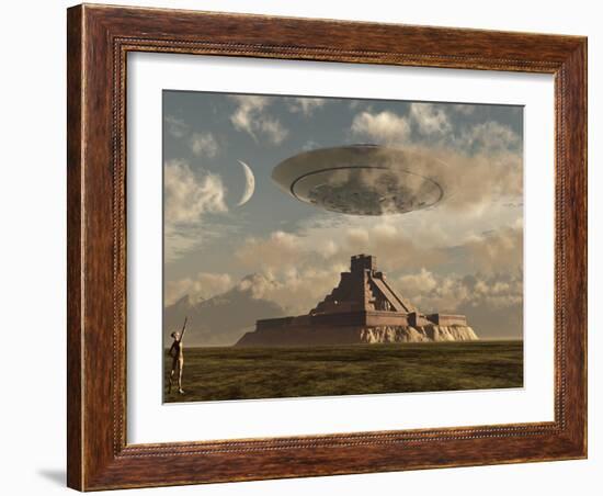 A Reptoid Greets an Incoming Flying Saucer Above a Pyramid.-Stocktrek Images-Framed Photographic Print