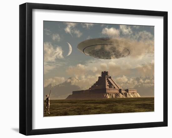 A Reptoid Greets an Incoming Flying Saucer Above a Pyramid.-Stocktrek Images-Framed Photographic Print