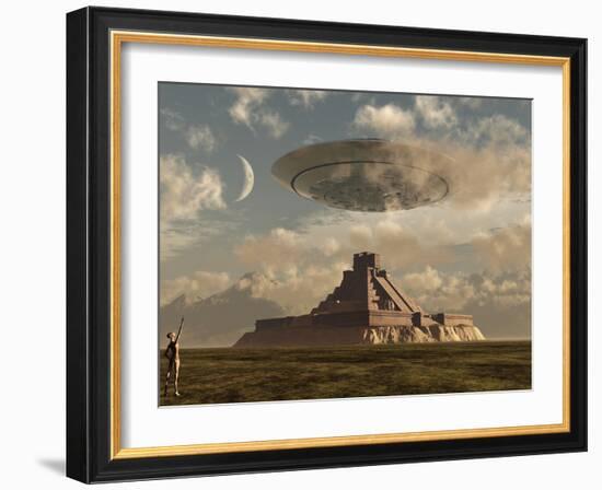 A Reptoid Greets an Incoming Flying Saucer Above a Pyramid.-Stocktrek Images-Framed Photographic Print