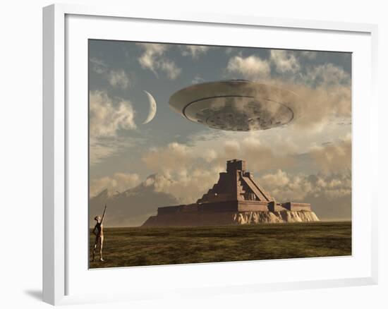 A Reptoid Greets an Incoming Flying Saucer Above a Pyramid.-Stocktrek Images-Framed Photographic Print