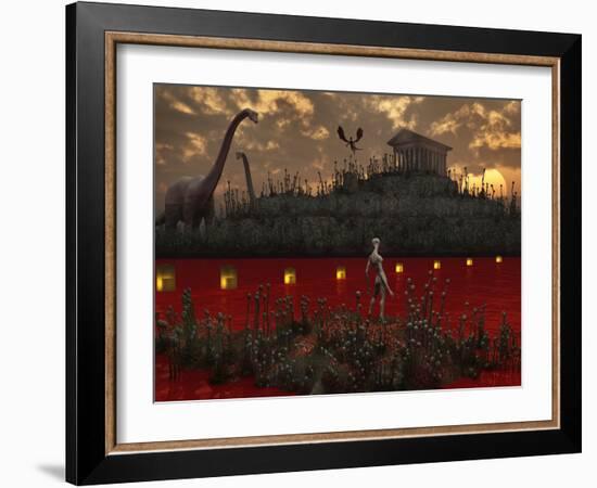 A Reptoid Looks across the River Towards an Ancient Temple Guarded by Dinosaurs-Stocktrek Images-Framed Photographic Print