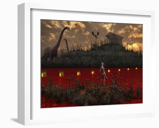 A Reptoid Looks across the River Towards an Ancient Temple Guarded by Dinosaurs-Stocktrek Images-Framed Photographic Print