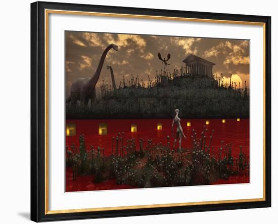A Reptoid Looks across the River Towards an Ancient Temple Guarded by Dinosaurs-Stocktrek Images-Framed Photographic Print