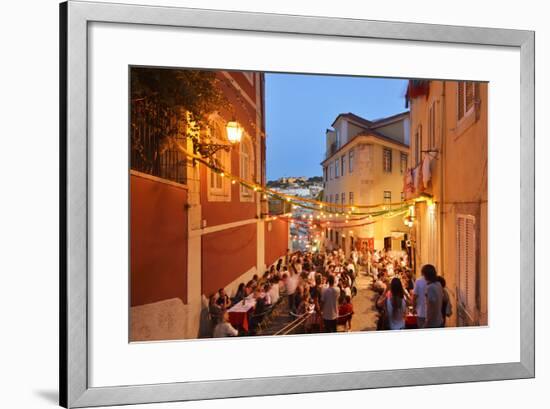 A Restaurant in the Calcada Do Duque, with a View to Sao Jorge Castle at Twilight. Lisbon, Portugal-Mauricio Abreu-Framed Photographic Print