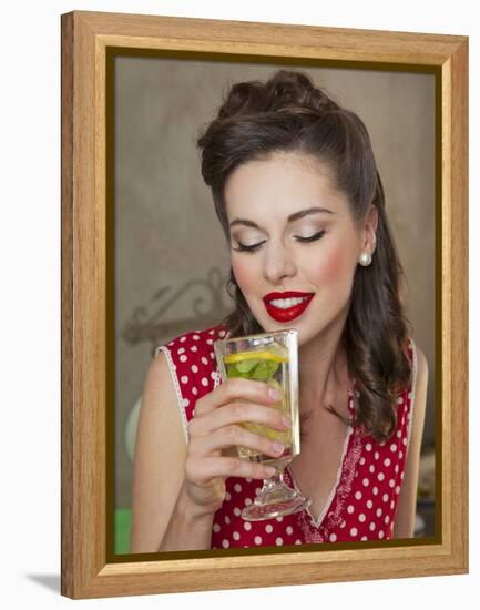 A Retro-Style Girl Drinking Lemonade-null-Framed Premier Image Canvas