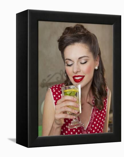 A Retro-Style Girl Drinking Lemonade-null-Framed Premier Image Canvas