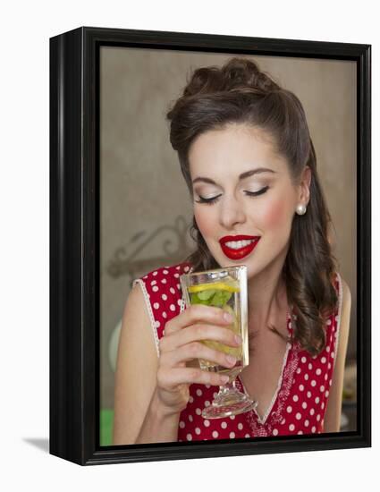 A Retro-Style Girl Drinking Lemonade-null-Framed Premier Image Canvas