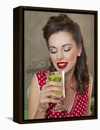 A Retro-Style Girl Drinking Lemonade-null-Framed Premier Image Canvas