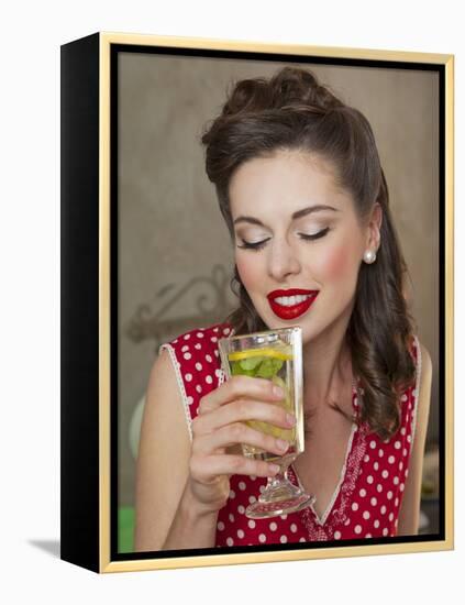 A Retro-Style Girl Drinking Lemonade-null-Framed Premier Image Canvas