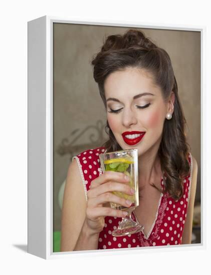 A Retro-Style Girl Drinking Lemonade-null-Framed Premier Image Canvas