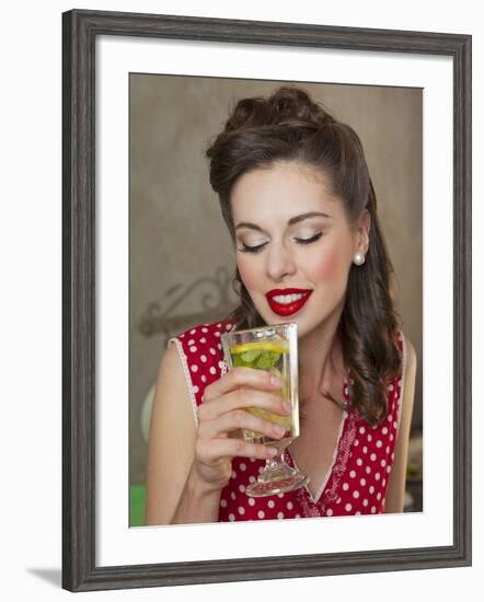 A Retro-Style Girl Drinking Lemonade-null-Framed Photographic Print