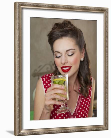 A Retro-Style Girl Drinking Lemonade-null-Framed Photographic Print