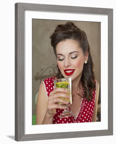 A Retro-Style Girl Drinking Lemonade-null-Framed Photographic Print