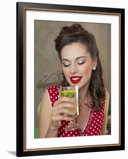 A Retro-Style Girl Drinking Lemonade-null-Framed Photographic Print