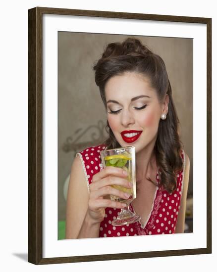 A Retro-Style Girl Drinking Lemonade-null-Framed Photographic Print