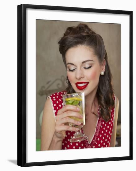 A Retro-Style Girl Drinking Lemonade-null-Framed Photographic Print