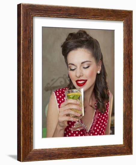 A Retro-Style Girl Drinking Lemonade-null-Framed Photographic Print