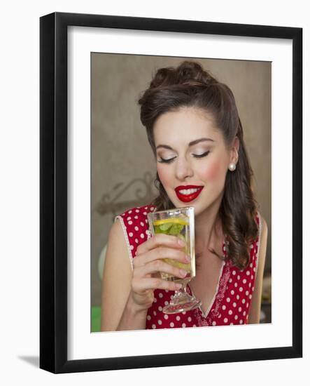 A Retro-Style Girl Drinking Lemonade-null-Framed Photographic Print