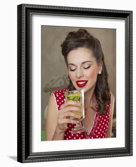 A Retro-Style Girl Drinking Lemonade-null-Framed Photographic Print