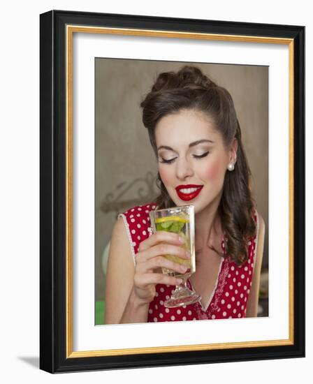 A Retro-Style Girl Drinking Lemonade-null-Framed Photographic Print