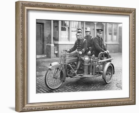 A Rex Motorcycle Being Used by Firemen-null-Framed Photographic Print