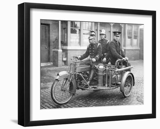 A Rex Motorcycle Being Used by Firemen-null-Framed Photographic Print