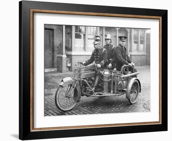 A Rex Motorcycle Being Used by Firemen-null-Framed Photographic Print