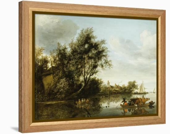 A River Landscape with a Hayloft Among Trees and a Ferryboat with Passengers and Cattle-George Henry Clements-Framed Premier Image Canvas
