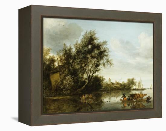 A River Landscape with a Hayloft Among Trees and a Ferryboat with Passengers and Cattle-George Henry Clements-Framed Premier Image Canvas