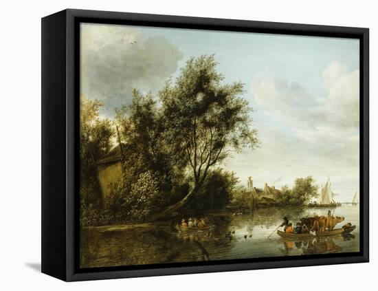 A River Landscape with a Hayloft Among Trees and a Ferryboat with Passengers and Cattle-George Henry Clements-Framed Premier Image Canvas
