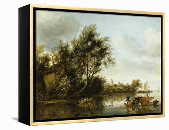 A River Landscape with a Hayloft Among Trees and a Ferryboat with Passengers and Cattle-George Henry Clements-Framed Premier Image Canvas