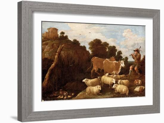 A River Landscape with a Herdsman Playing a Pipe with Classical Ruins on a Hilltop beyond (Oil on C-David the Younger Teniers-Framed Giclee Print