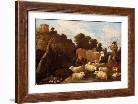 A River Landscape with a Herdsman Playing a Pipe with Classical Ruins on a Hilltop beyond (Oil on C-David the Younger Teniers-Framed Giclee Print