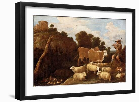 A River Landscape with a Herdsman Playing a Pipe with Classical Ruins on a Hilltop beyond (Oil on C-David the Younger Teniers-Framed Giclee Print