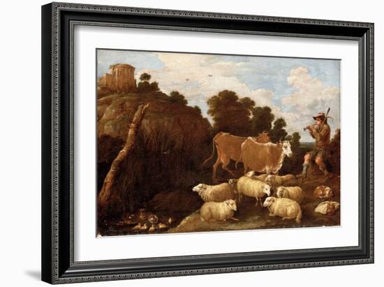 A River Landscape with a Herdsman Playing a Pipe with Classical Ruins on a Hilltop beyond (Oil on C-David the Younger Teniers-Framed Giclee Print